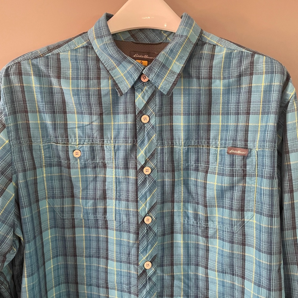 Eddie Bauer Mens Tall XL Blue Plaid Hiking Shirt Long Sleeve Nylon Blend TXL